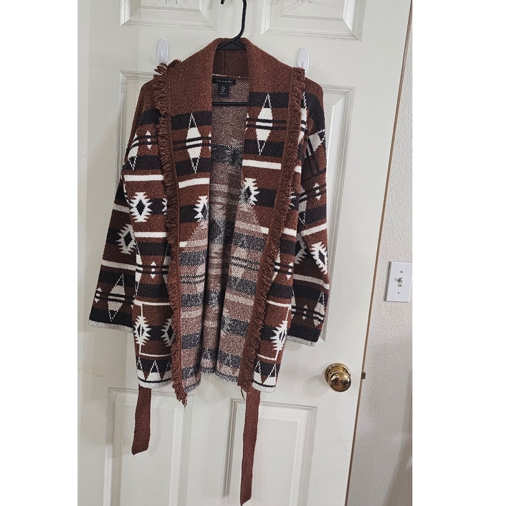 Tahari Womens Brown Southwestern Fringe Shawl Collar Belted Cardigan Sweater M